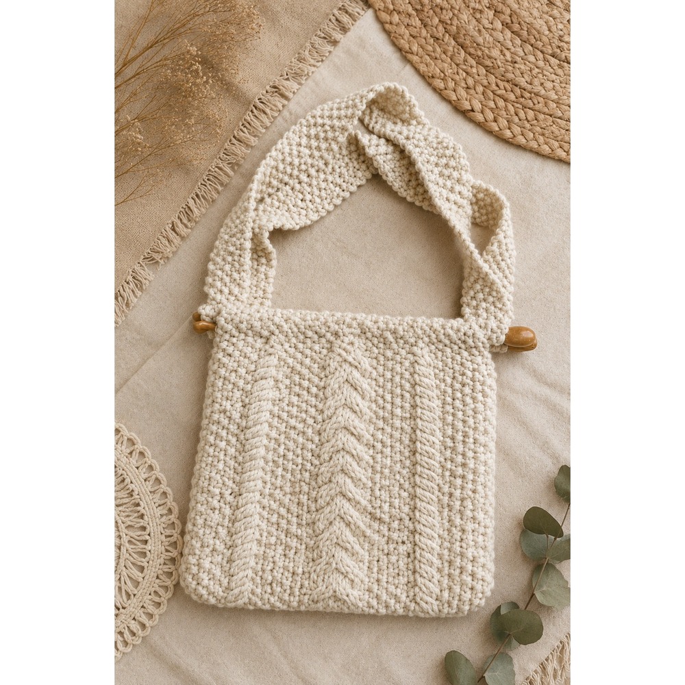 Handmade Crochet Boho Shoulder Bag Cream Knit Wood Toggle Retro Floral Lined